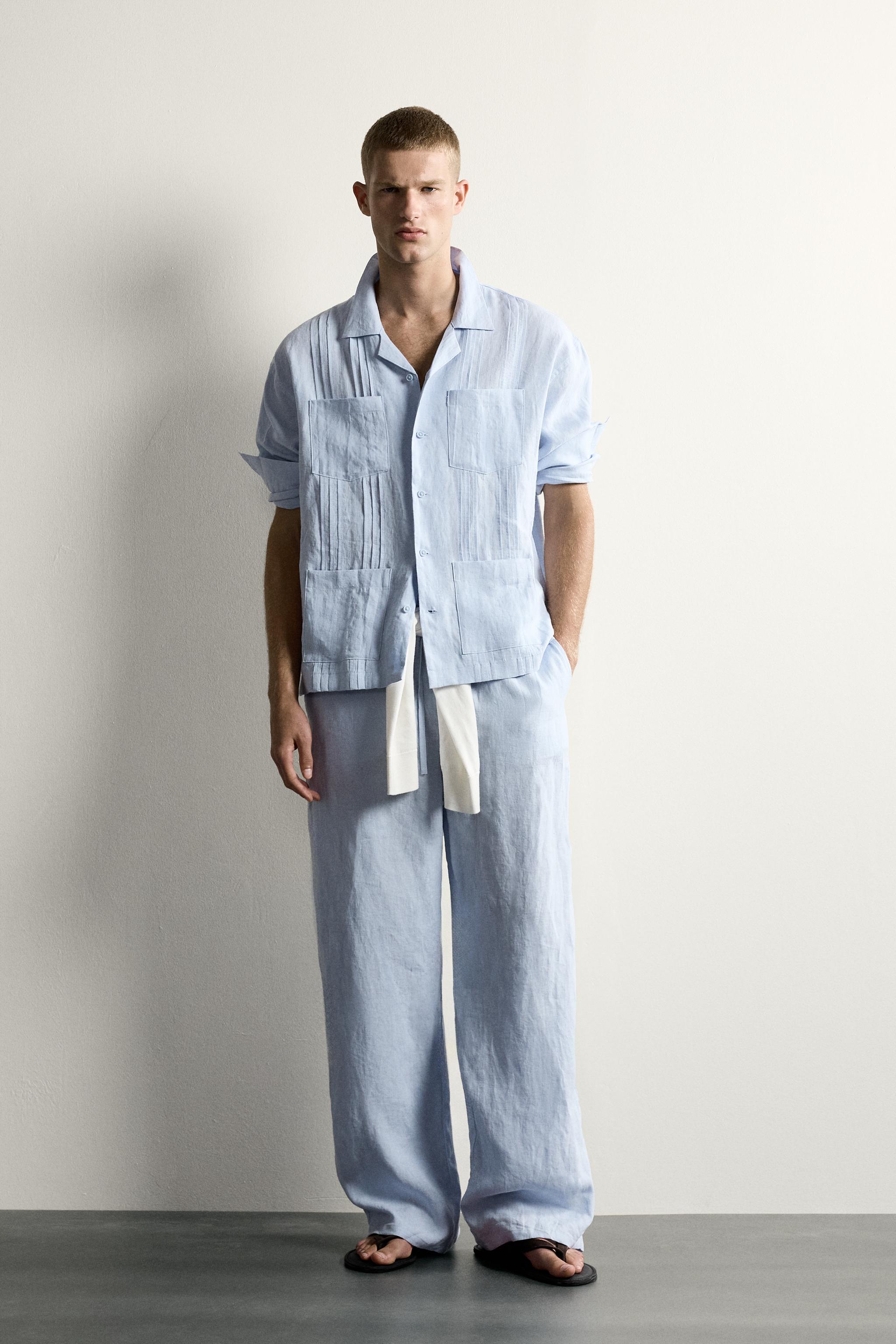 RELAXED FIT 100% LINEN PLEATED SHIRT